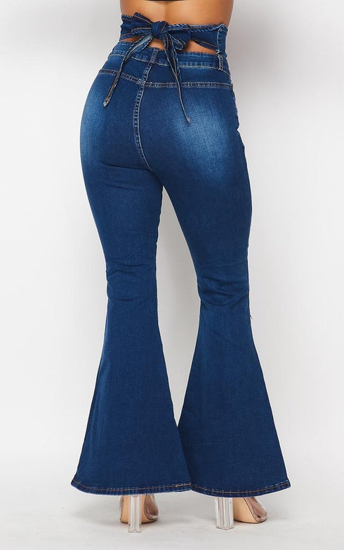 Belted Waist Bell Bottom Jeans - Dark Denim - SohoGirl.com